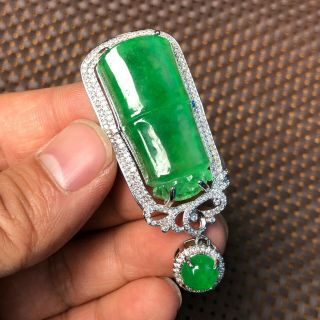 Rare Chinese S925 Silver & Green Jadeite Jade Handwork Rich Bamboo Joint Pendant 5