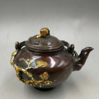 Chinese Old Copper Hand - Made Gold - Plated Plum Wine Jug Teapot Statue