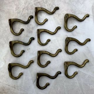 10 Antique Vintage 3.  75 " Iron Coat Hooks Brass Finish Salvage Distress