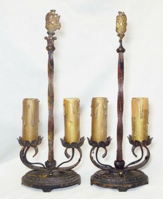 2 Antique Moe Bridges Co Candlestick Candelabra Electric Table Lamps Ship Finial