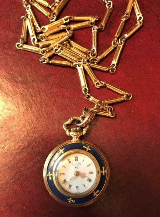 Antique Vintage Elgin Pendant Fob Pocket Watch & Chain Blue Fleur - De - Lis Enamel