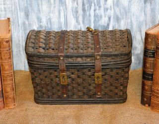 Antique French Woven Market Sewing Basket Purse Leather Straps Tooled Brass