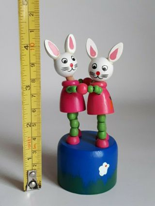 Vintage Wooden Dancing Pair Rabbits Dancers Push Button Puppet Push - Up Game Toy