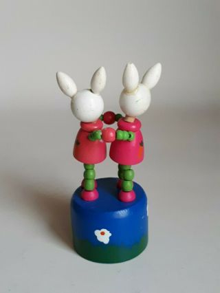 VINTAGE WOODEN DANCING PAIR RABBITS DANCERS PUSH BUTTON PUPPET PUSH - UP GAME TOY 3
