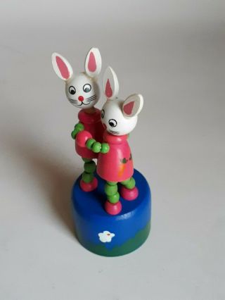VINTAGE WOODEN DANCING PAIR RABBITS DANCERS PUSH BUTTON PUPPET PUSH - UP GAME TOY 7