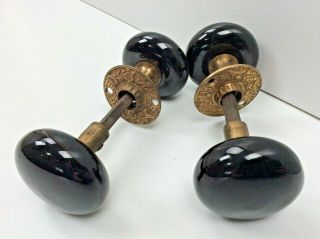 Vintage 2 Pair Black Glass Door Knobs W/spindles & Decorative Brass Rings