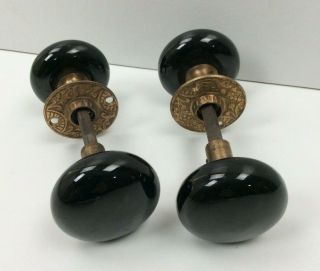 Vintage 2 Pair Black Glass Door Knobs w/Spindles & Decorative Brass Rings 2