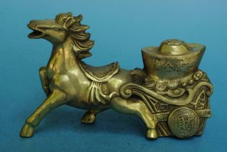 Chinese Old Pure Copper Hand - Carved Wealth Yuanbao Horse Pull A Cart Statue D02