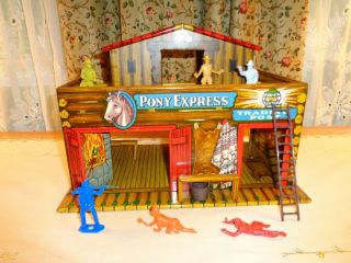 1950’s T.  Cohn Fort Superior Pony Express & Trading Post Tin Litho Toy W/figures
