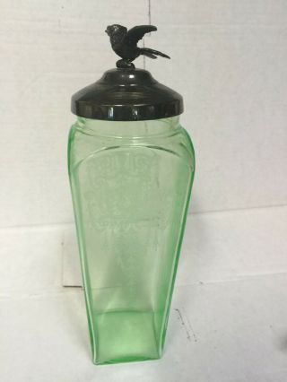 Antique Depression Era Green Uranium Jar With Silver Bird Lid