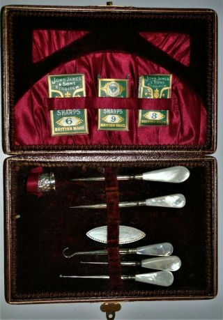 Antique British Sewing Set Mother Of Pearl/sterling Silver