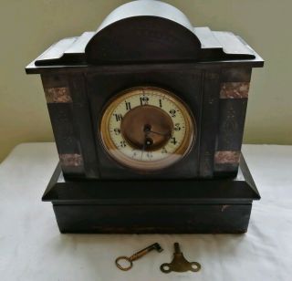 Large Old Antique Black Slate & Marble Mantle Clock In Order