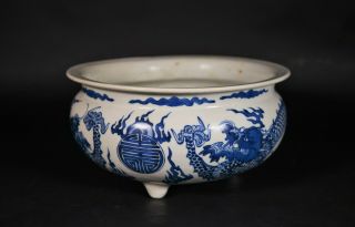 Large Blue & White Porcelain Censer Late 19th Century Qing Dynasty