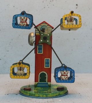 Vintage Tin Windup Toy Sy Japan Animal Dog And Cat Ferris Wheel