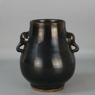 China Old Hand - Carved Porcelain Mirror Black Glaze Elephant Ear Vase C01
