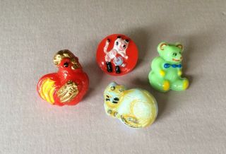 4 Glass Kiddie Buttons,  2 Cats,  Rooster,  Teddy Bear,  Realistics