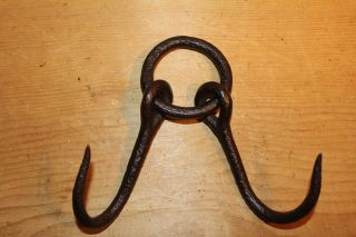 2 Antique Wrought Iron Hooks On Ring Butchers/game Hook Meat/beam Gambrel