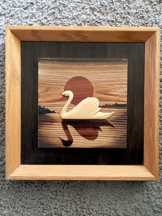 Vtg - Rj Robert Johnson Wood Marquetry 3 - D Swan On The Lake 10.  25 " X 10.  25 "