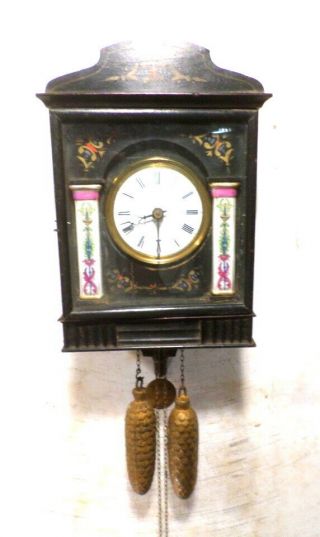 1875 German Wag Wall Clock - - Wooden Plates & Two Weights - - Porcelain Columns - -