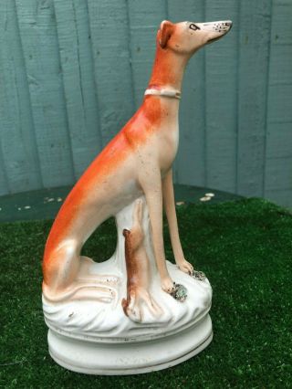 Mid 19thc Staffordshire Porcellaneous Greyhound Dog With Hare C1860