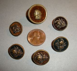 Antique Brass Perfume Buttons Roman Or Greek Profiles 5/8 " And 7/8 "