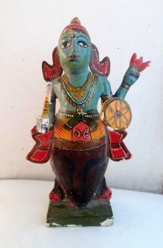 Vintage Old Wooden Hand Carved & Painted Hindu Vishnu Incarnation Matsya Statue