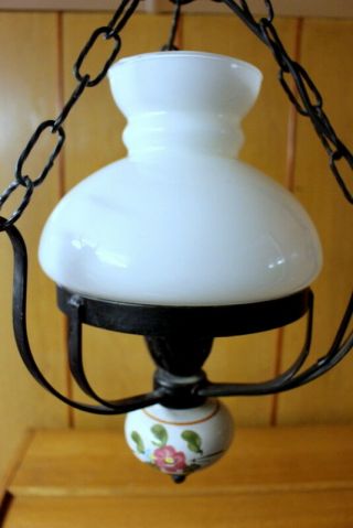 Vintage French Cast Iron/glass Ceiling Lamp Porcelain Opaque White Glass Shade