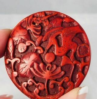 Vintage Chinese Finely Carved Red Cinnabar Pendant W/ Birds & Dragonflies N/r