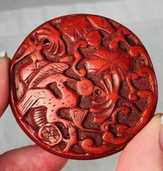 Vintage Chinese Finely Carved Red Cinnabar Pendant w/ Birds & Dragonflies N/R 2