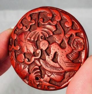 Vintage Chinese Finely Carved Red Cinnabar Pendant w/ Birds & Dragonflies N/R 3