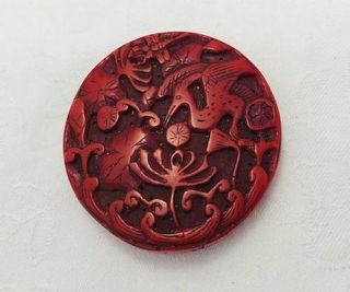 Vintage Chinese Finely Carved Red Cinnabar Pendant w/ Birds & Dragonflies N/R 4