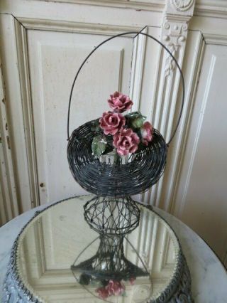 Gorgeous Old Vintage Metal Wire Flower Basket With Handle & Glass Vase Insert
