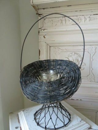 GORGEOUS OLD Vintage Metal Wire FLOWER BASKET with Handle & Glass Vase Insert 2