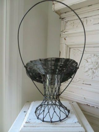 GORGEOUS OLD Vintage Metal Wire FLOWER BASKET with Handle & Glass Vase Insert 3