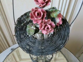 GORGEOUS OLD Vintage Metal Wire FLOWER BASKET with Handle & Glass Vase Insert 4