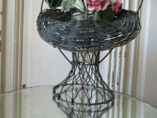 GORGEOUS OLD Vintage Metal Wire FLOWER BASKET with Handle & Glass Vase Insert 5