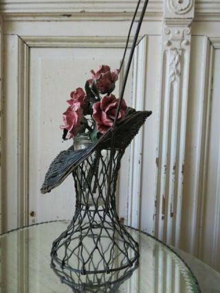GORGEOUS OLD Vintage Metal Wire FLOWER BASKET with Handle & Glass Vase Insert 6