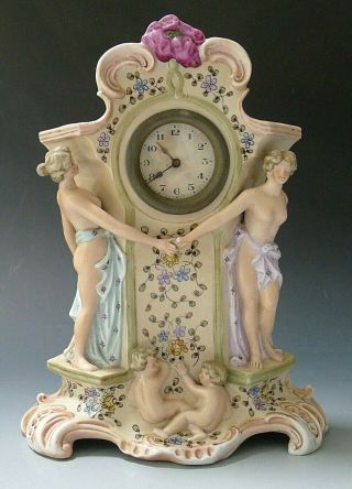 Antique Porcelain Figural Dresden Painted Mantle Clock With Cherubs & Nudes