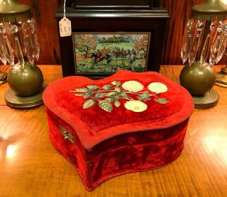 Antique Victorian Red Velvet Sewing Notions Trinket Jewelry Box Beveled Mirror