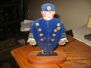 Vintage 1940s - 1950s Tin Policeman Toy With Movable Arms And Wood Base