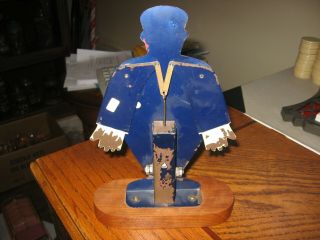 Vintage 1940s - 1950s Tin Policeman Toy With Movable Arms And Wood Base 2