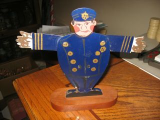 Vintage 1940s - 1950s Tin Policeman Toy With Movable Arms And Wood Base 3