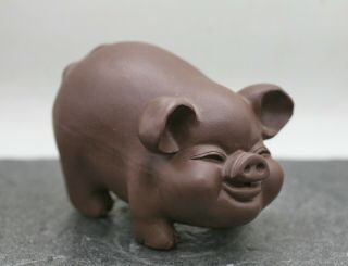 Vintage Happy Smiling Chinese Yixing Zisha Piggy Sculpture Signed