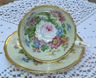 White And Pink Cabbage Rose Royal Stafford Tea Cup Saucer Green Ground Celebrity