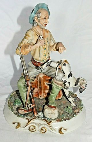 Large Vintage Italy Capodimonte Signed Porcelain Sculpture Hunter W/ Dog Excel