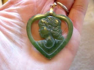 Antique/vintage Green Jade Carved Stone Heart Pendant With Cameo Face 1 1/2 "