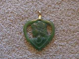 Antique/Vintage Green Jade Carved Stone Heart Pendant with Cameo Face 1 1/2 