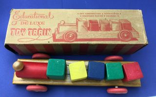 Vintage Train Pull Toy Wooden Wood Blocks & Box Red Seal Novelty 1940s