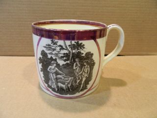 Pink Luster Huge Mug French & English Peace Saying W/ Pastoral Scene 1800 