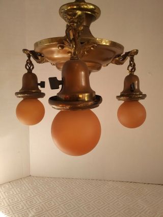 Antique Vintage Brass Hanging Ceiling Pan Chandelier Light Fixture 3 Arm Canopy